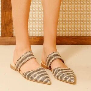 TUCKERNUCK SHOES Women Midnight Raffia Cara Mules Pointed Toe Striped Handmade